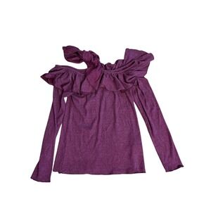 Chaser‎ Ruffle Top One Shoulder Long Sleeve Ribbed Blouse Purple Size M